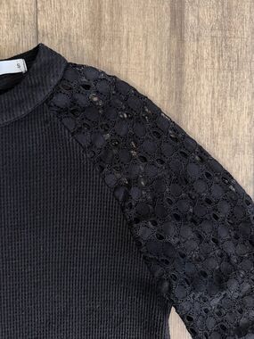 Ribbed Knit Top with Sheer Lace Long Sleeves - Size Small